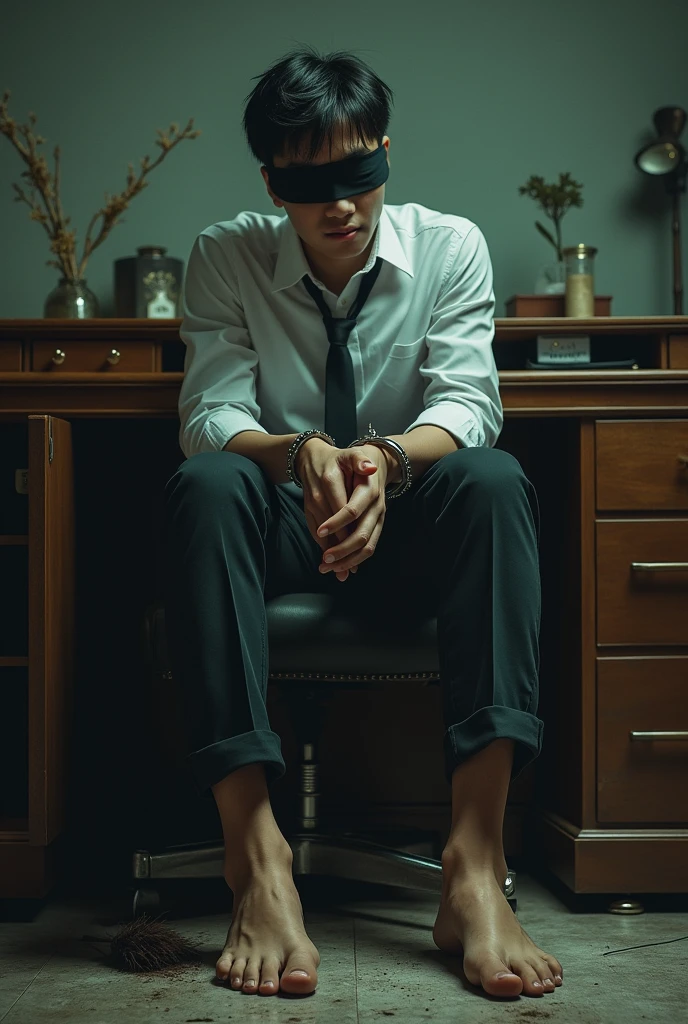 Malaysia malay handsome 25 years student
He faint
His hand handcuff in abondon warehouse
Blindfolded
handcuff
Formal Outfit
Focus sweaty hot feet on desk
feather duster on desk
Dirty Blacksock on desk
2 evil mafia rub feet
2 mafia pinch nose
His feet smell