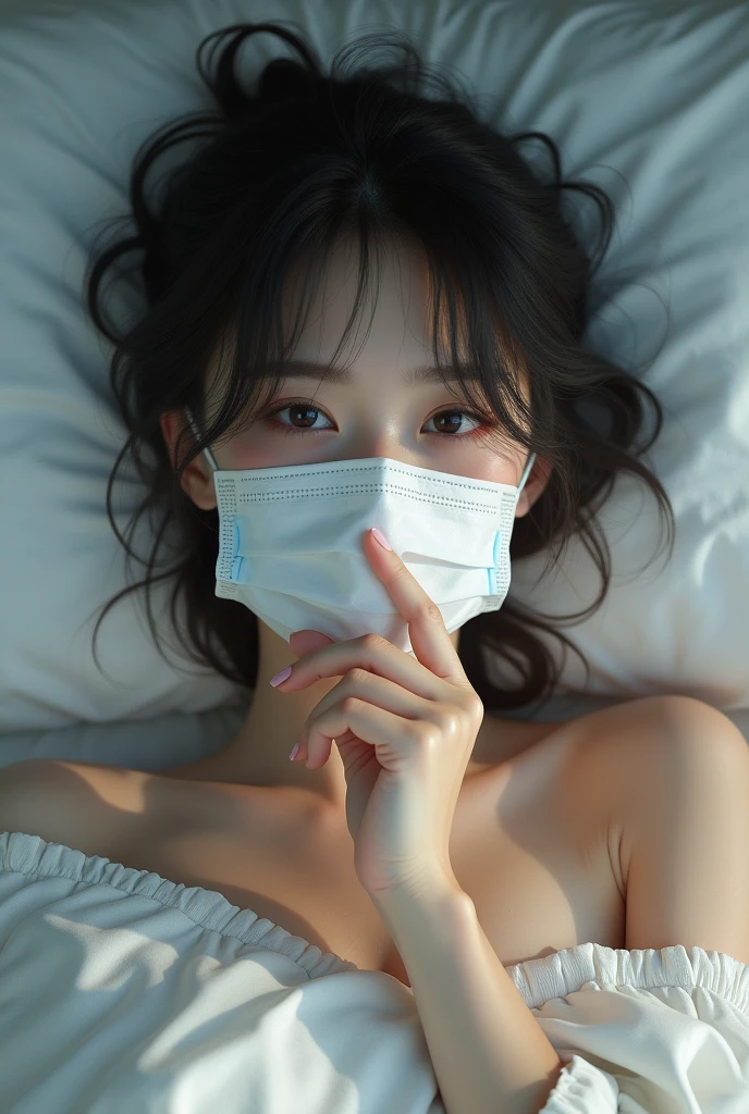 masterpiece, best quality, highres, photorealism, real life, cute girl wearing surgical mask, hand touching mask to cover mouth, laying in bed, bang hair, bright skin, Japanese