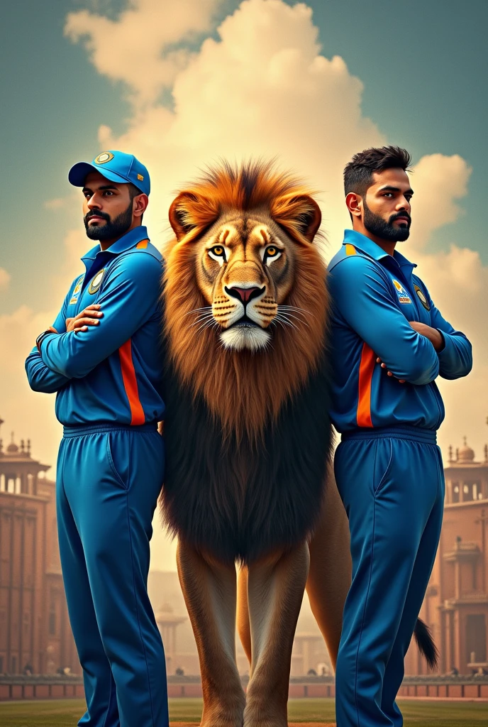 Virat Kohli and Rohit Sharma with lion with Indian flag on back