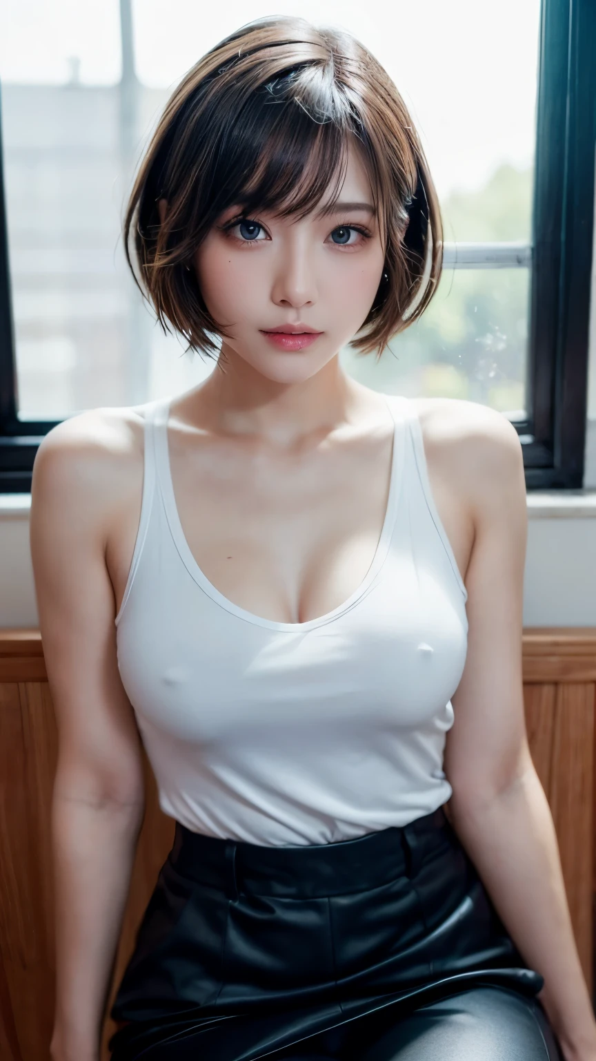Tabletop、(masterpiece:1.3), (8k, Photorealistic: 1.4, RAW Photos, Best image quality: 1.4), Japanese Idols、Super detailed face、Attention to detail、Genuine、 double eyelid、Big and attractive eyes,Perfectly beautiful eyes、 Sharp focus:1.2、Beautiful woman:1.5、 Light brown hair、 Highest quality、masterpiece、Ultra-high resolution、Depth of written boundary、Perfect Shadow、(Photorealistic:1.4)、 Highly detailed and professional lighting、 Perfectly shaped、Symmetrical face、beautiful girl、Medium short hair、Glowing Skin、Sweaty clothes、Sharp focus, Perfect Anatomy,Realistic Light、business suit、skirt、sitting in a chair in front of the classroom window、Legs spread wide、Bow-legged、I can see your pants、Feeling embarrassed、blush、Erotic look、Browsing Caution、
