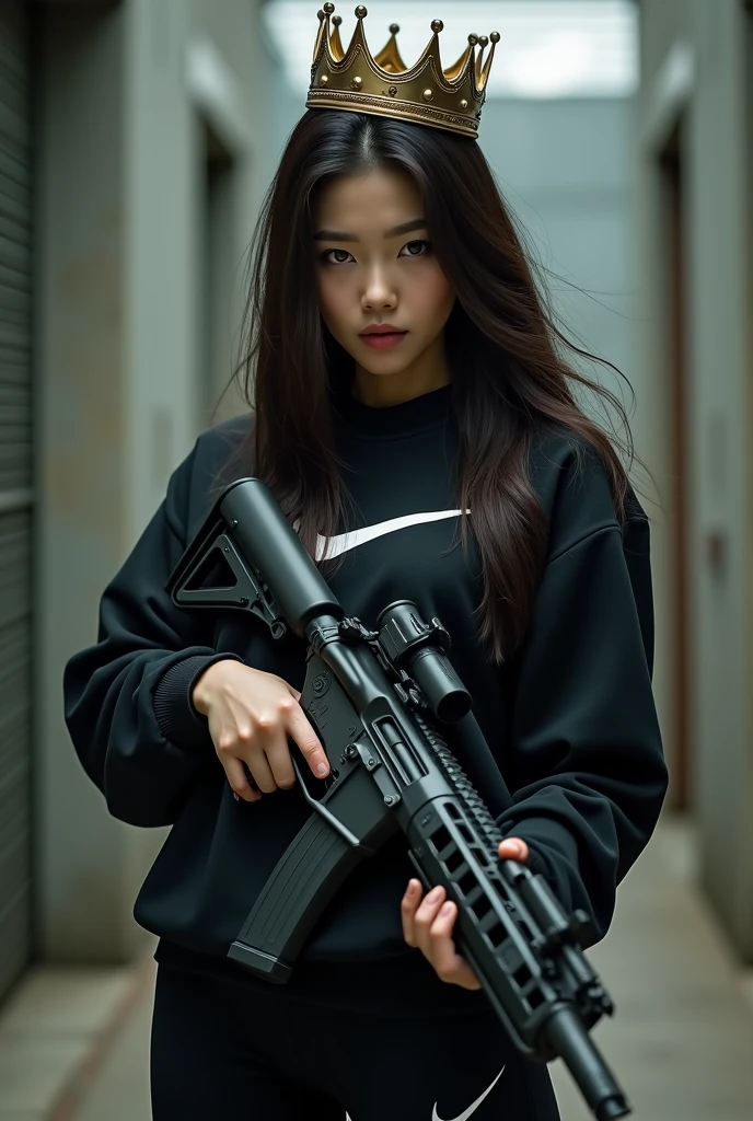 Brunette Korean killer woman with black Nike sportswear club sweatshirt and light machine gun and black Nike pants and a crown