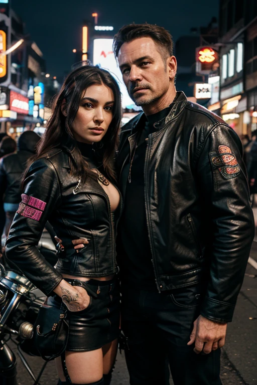 Motorcycle couple middle aged man with cyberpunk princess