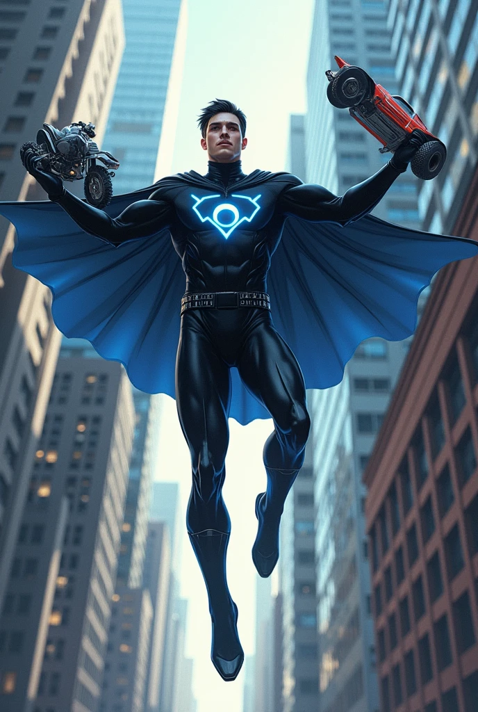 I want you to create a male character with metal control powers. He is a 2 white male not so muscular who has short black hair with black eyes. His superhero costume is black with blue details with a large black cape without any symbols on the chest.. Levitating between buildings he raises his hand and uses his powers to lift various objects such as cars., motorcycles and posts