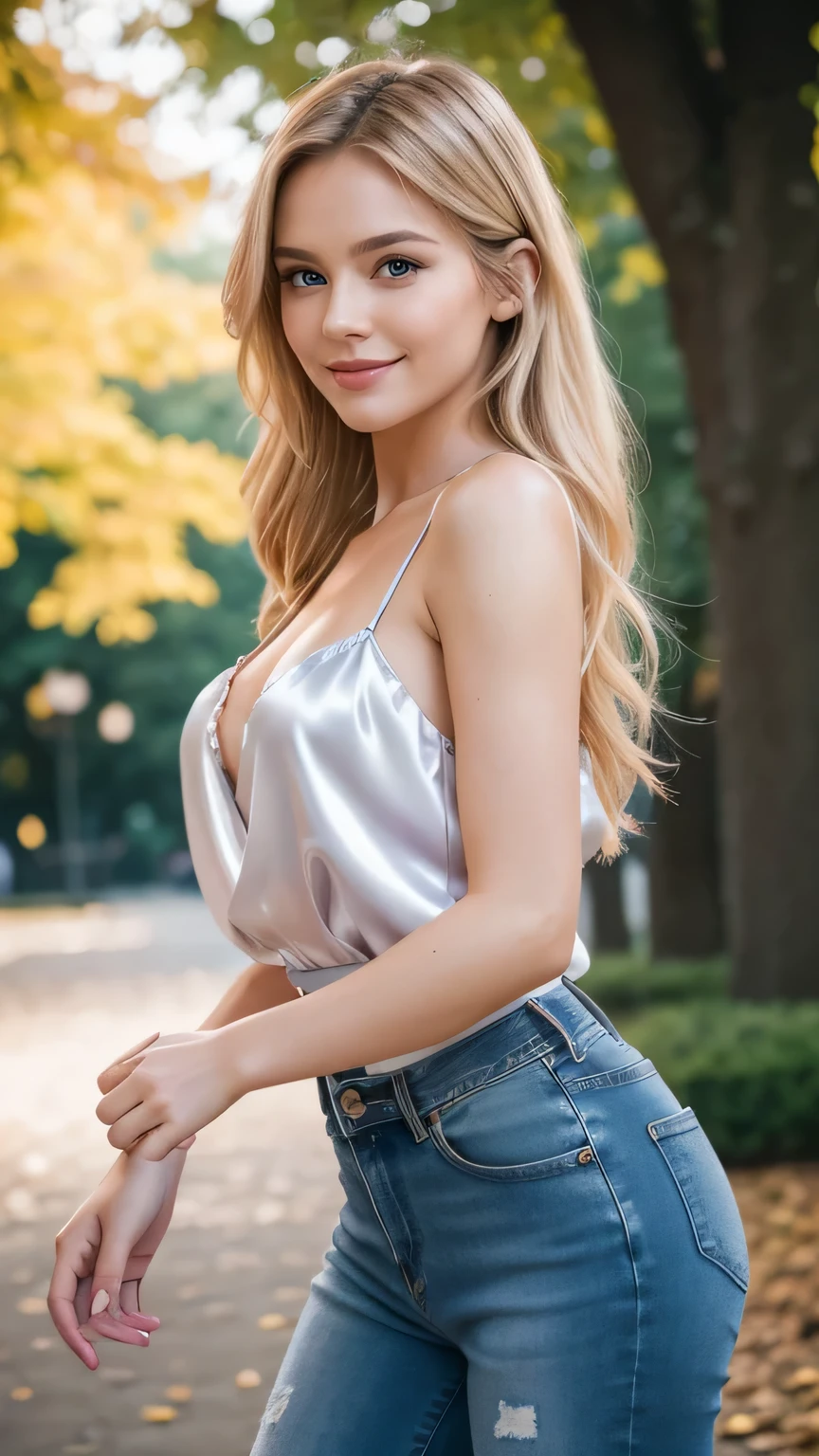 Realistic full body photo of a smiling, beautiful blonde woman with long hair, She dances in front of the camera in a spaghetti strap blouse made of purple satin and tight elegant jeans ...., Fine fabrics, Park,glamour fotoshooting, Park, perfect ???????, perfect blue eyes. Perfect hands with 5 fingers on each hand, Suitable woman, look into the camera, 1 Frau. (Eye make up:1.1), (highly detailed skin:1.1), spirit, analog style, keen focus, 8K  UHD, dslr, good quality, Fujifilm XT3, Grain, Award-winning, ​masterpiece. Park