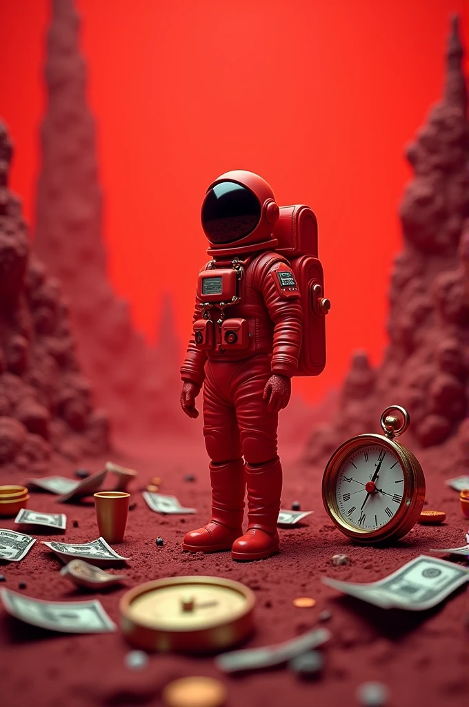Take some pictures, an astronaut, one of money, a compass, and one of a time machine, with the whole red theme
