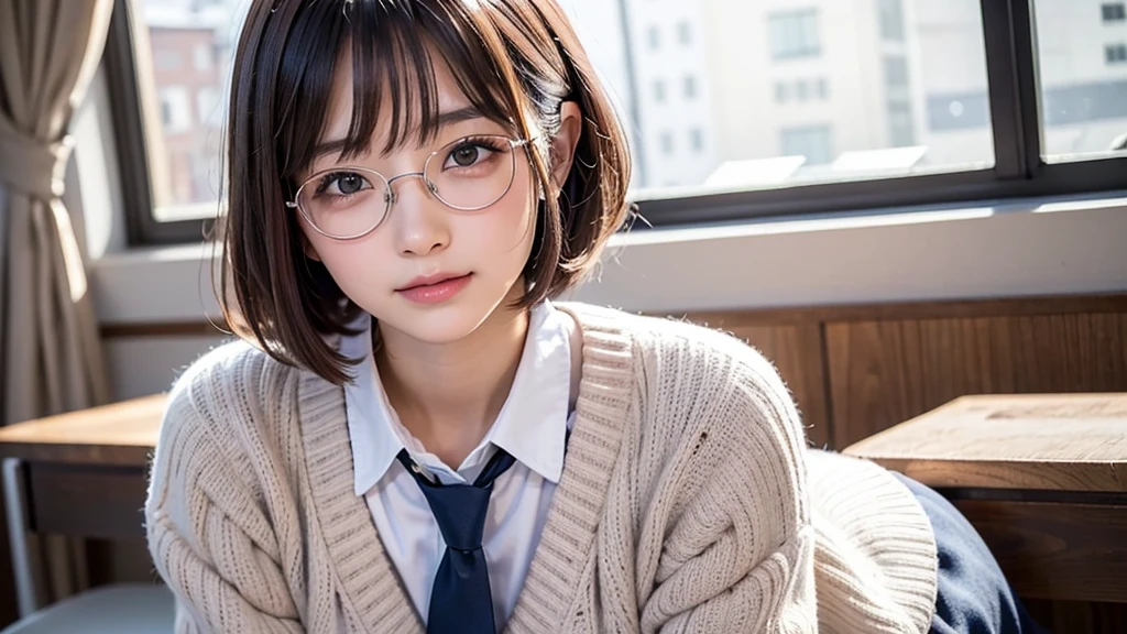 (masterpiece, Best Quality:1.2), 8K, 1 girl, 1 Japanese girl, 85 mm, Official art, Raw photo, Pretty Face, close up, face focus, cute Girl, Cinch waist, beauty thighs, soaking wet, sweat, medium breasts, white shirt with large ribbon, pink cardigan, blue tie, blue checkered skirt, large round glasses, standing, in a classroom, Looking at Viewer, No makeup, (aroused, embarrassed, blush :1.2), Film grain, chromatic abberation, Sharp Focus, face lights, clear lighting, Teen, Detailed face, Bokeh background