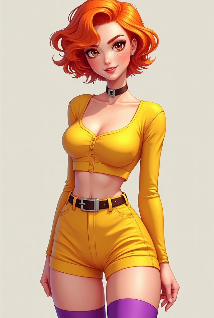 Masterpiece, high quality, happy, 1girl, orange hair, short hair, curly hair, freckles, helmet, bodysuit, yellow shirt, short sleeves, long sleeves, belt, yellow small shorts, purple thighhighs, sexy body, gorgeous body, beautiful, beautiful legs, solo