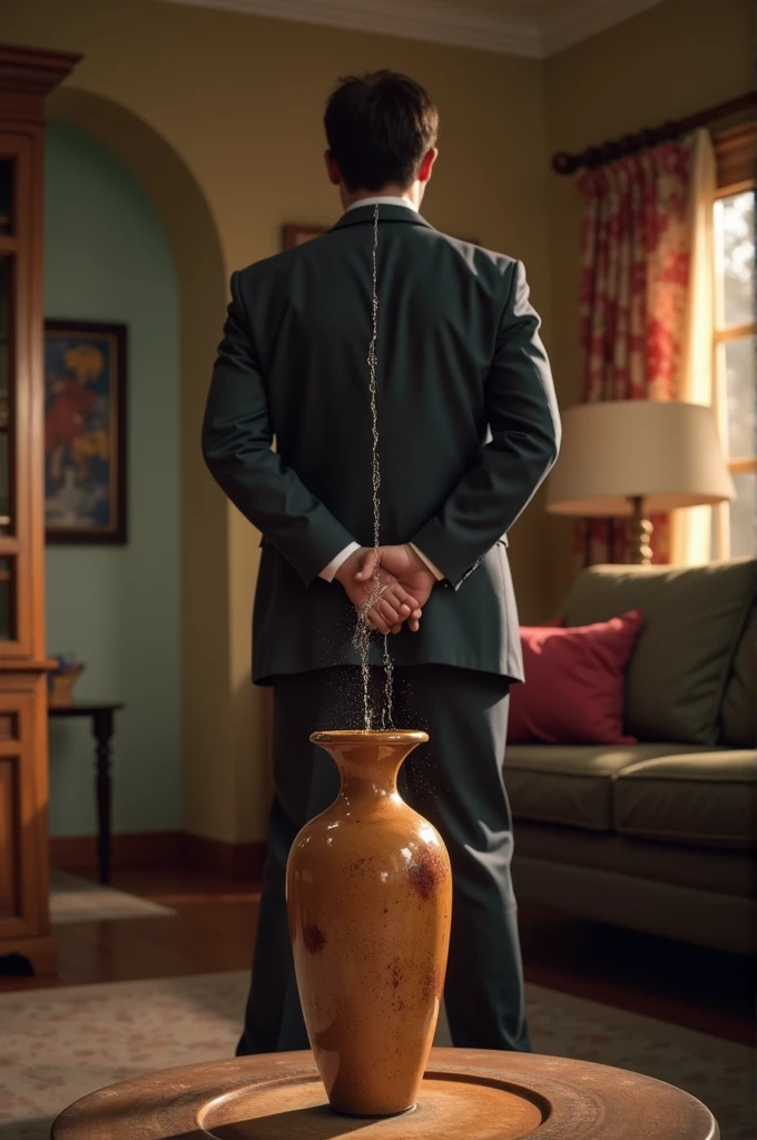 A rear shot of Josh Peck peeing on the vase in Drake And Josh house. urine stream, pissing