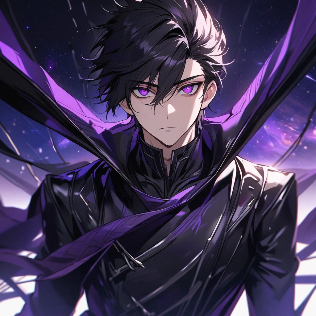 High quality, HD, 4k, no shadows, handsome male, handsome, extremly handsome, 1male, 1 male, ager, pure black hair, short black hair, dark hair, black hair, jet black hair, sharp eyes, deep purple colored eyes, dark purple colored eyes, deep violet eyes, violet eyes, devil may cry, close up, calm expression, stoic expression, black leather clothes, black leather clothing, leather clothing, lean body, well trained body, upper body, looking at viewer, cowboy shot, white solar, space background