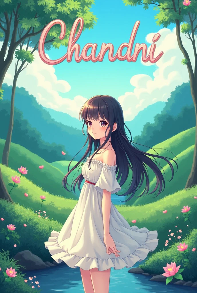 Make a logo of Chandni girl name with anime character background nature