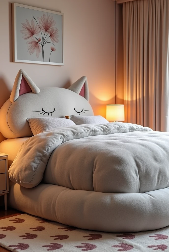 "Create a cozy, luxurious bed for cat lovers, designed to look like an entire cat. The bed frame should be sculpted to resemble a large, curled-up cat, with the headboard forming the cat's head and the footboard mimicking its tail wrapped around the bed. The entire bed should be covered in soft, plush furry fabric that mimics the texture of a cat's fur, in a neutral or warm tone like gray, cream, or light brown. The cat’s head should have detailed, realistic features, including softly rounded ears, embroidered eyes with a gentle expression, and a small nose and whiskers. The cat’s body, forming the sides of the bed, should have a smooth, continuous furry surface, with subtle contours to suggest the cat’s limbs and back.
The bedding should blend seamlessly with the cat theme, featuring fluffy, fur-like blankets and pillows, possibly with subtle paw prints or cat motifs. The bedroom itself should complement the theme, with soft, warm lighting and decor that enhances the cozy, feline atmosphere. Include elements like a soft, plush rug, cat-themed wall art, and muted, soothing wall colors such as pastel pink, beige, or soft gray. The overall ambiance should be inviting, whimsical, and perfect for any cat lover's dream bedroom."