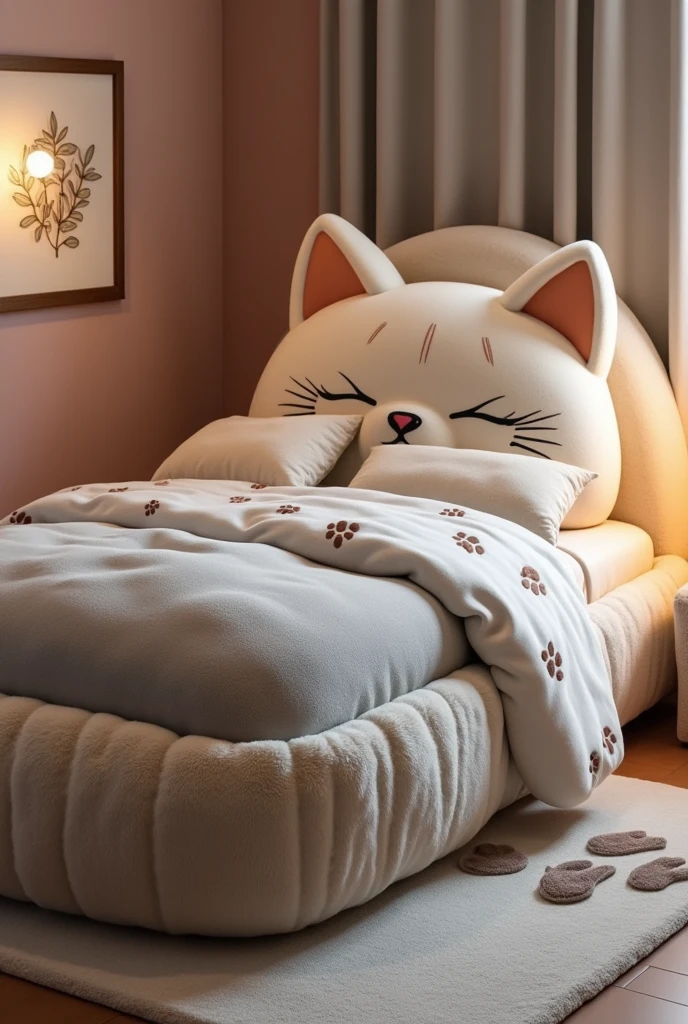 "Create a cozy, luxurious bed for cat lovers, designed to look like an entire cat. The bed frame should be sculpted to resemble a large, curled-up cat, with the headboard forming the cat's head and the footboard mimicking its tail wrapped around the bed. The entire bed should be covered in soft, plush furry fabric that mimics the texture of a cat's fur, in a neutral or warm tone like gray, cream, or light brown. The cat’s head should have detailed, realistic features, including softly rounded ears, embroidered eyes with a gentle expression, and a small nose and whiskers. The cat’s body, forming the sides of the bed, should have a smooth, continuous furry surface, with subtle contours to suggest the cat’s limbs and back.

The bedding should blend seamlessly with the cat theme, featuring fluffy, fur-like blankets and pillows, possibly with subtle paw prints or cat motifs. The bedroom itself should complement the theme, with soft, warm lighting and decor that enhances the cozy, feline atmosphere. Include elements like a soft, plush rug, cat-themed wall art, and muted, soothing wall colors such as pastel pink, beige, or soft gray. The overall ambiance should be inviting, whimsical, and perfect for any cat lover's dream bedroom."