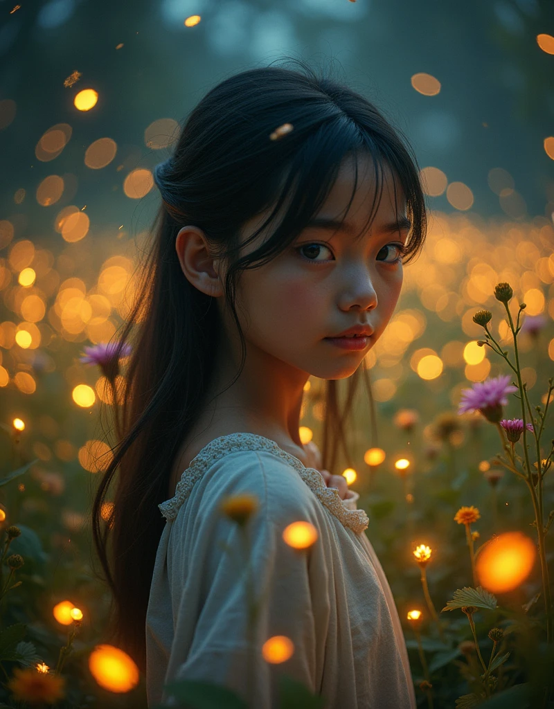 (8k, Highest quality, masterpiece: 1.2), (Realistic, photoRealistic: 1.37), Super Detail, One Girl, Wide viewing angles, Firefly Garden, There are lots of little faint lights and fireflies flying around, night