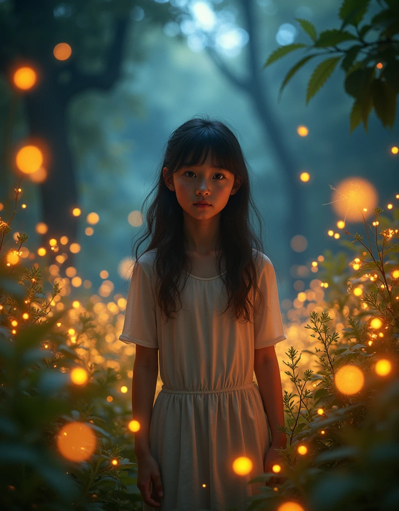 (8k, Highest quality, masterpiece: 1.2), (Realistic, photoRealistic: 1.37), Super Detail, One Girl, Wide viewing angles, Firefly Garden, There are lots of little faint lights and fireflies flying around, night