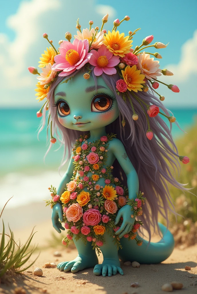 a short, female monster with a beachy style and her long hair is made of flowers and her clothes are also made of flowers.
SHE IS A TENDER WOMAN MONSTER WITH ALL HER HAIR MADE OF FLOWERS WITHOUT HUMAN FEATURES