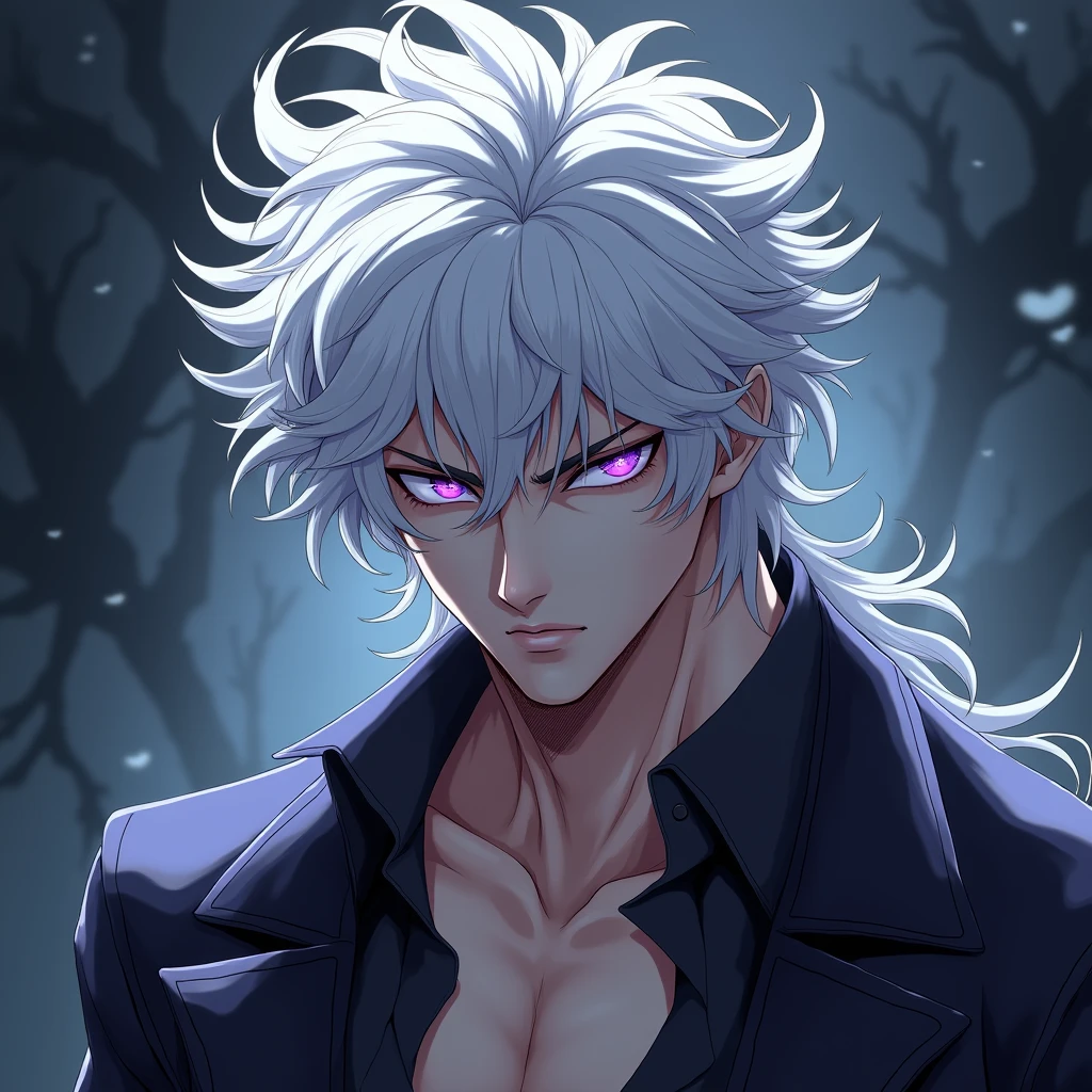 Male, anime, long messy white hair, hot, purple eyes