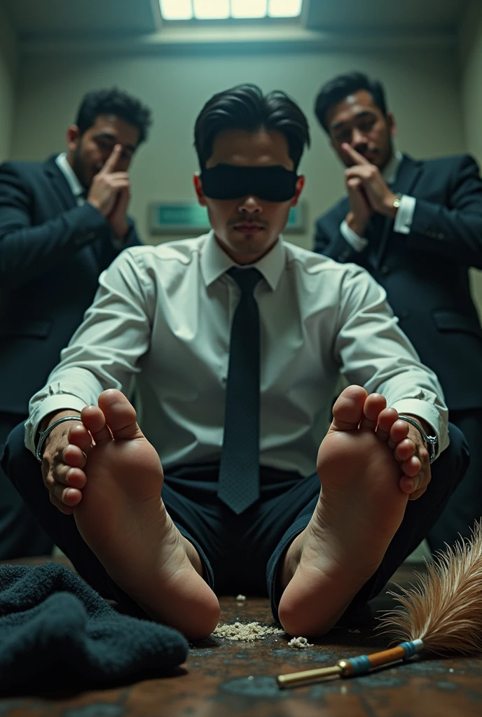 Malaysia malay handsome 25 years student
He faint
His hand handcuff in abondon warehouse
Blindfolded
handcuff
Formal Outfit
Focus sweaty hot feet on desk
feather duster on desk
Dirty Blacksock on desk
2 evil mafia rub feet
2 mafia pinch nose
His feet smell