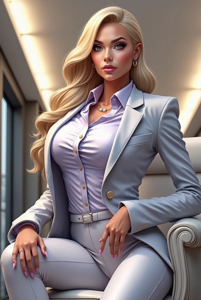 Highest quality, 8k, High resolution, Realistic:2.0), (alone, One Girl:2.0),(Lighting: front),(Lighting: strong),(The ultimate beautiful girl:2.0),(Glowing Skin),(Oily skin),(Platinum Blonde Hair:1.5),Cheek brown makeup , Heavy eye makeup , Use pink glossy lipstick,(Big Eyed Girl:1.5),(Big muscular woman:1.5),(Shot in a sleek office of an information technology company:1.8),(Elite Business Woman:1.8),(Great  appeal of the girl:1.5),(Ultimate elegance),(The ultimate  career woman who is good at her job),(Wear business attire),