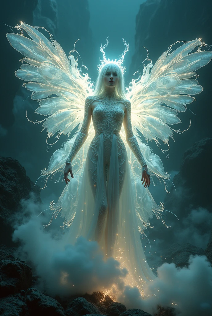 Ultra detailed illustration by Pascal Blanche, hallucinatory angel composed of light matter and cybernetic threads, glowing texture in black tones, set within a dark fantasy realm featuring double exposure effects, surreal chromatic contrasts, with elements such as smoke, sparks, and motherboard-like environments, embodying creative freedom and unusual artistic expression, award-winning composition, professional matte painting technique, all in sharp focus, 4K resolution akin to the aesthetic of Blade Runner, cinematic, sharp focus