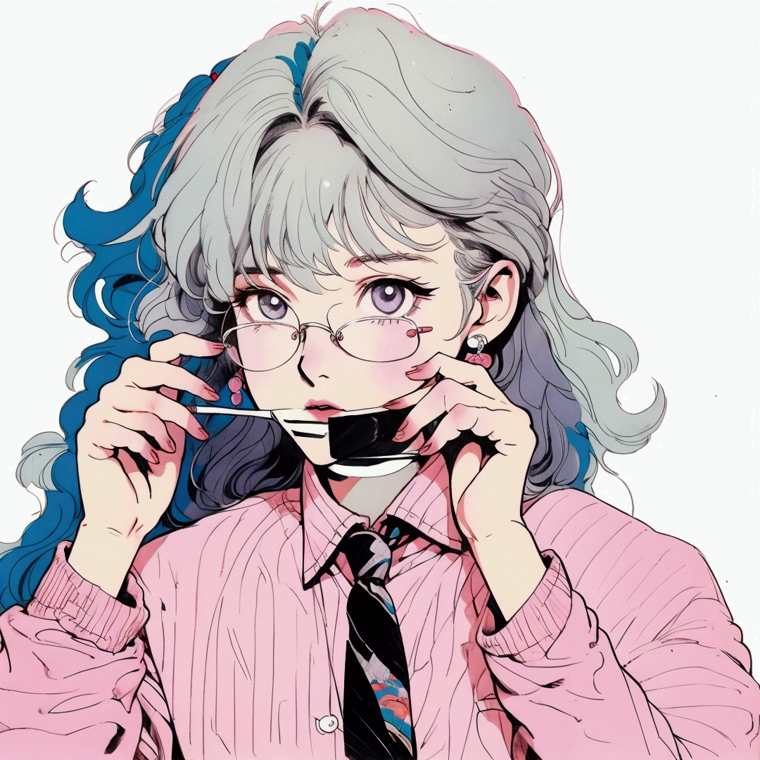 There is a painting,Drawing of a woman wearing glasses and a tie,Androgynous 2D anime style, Character Art Style, Inspired by Ib Eisner, Silver-haired girl, Danganronpa Nanami Chiaki, 80s anime art style, High-quality anime art style, cyber school girl, anime style character, Hint from yayoi kasuma