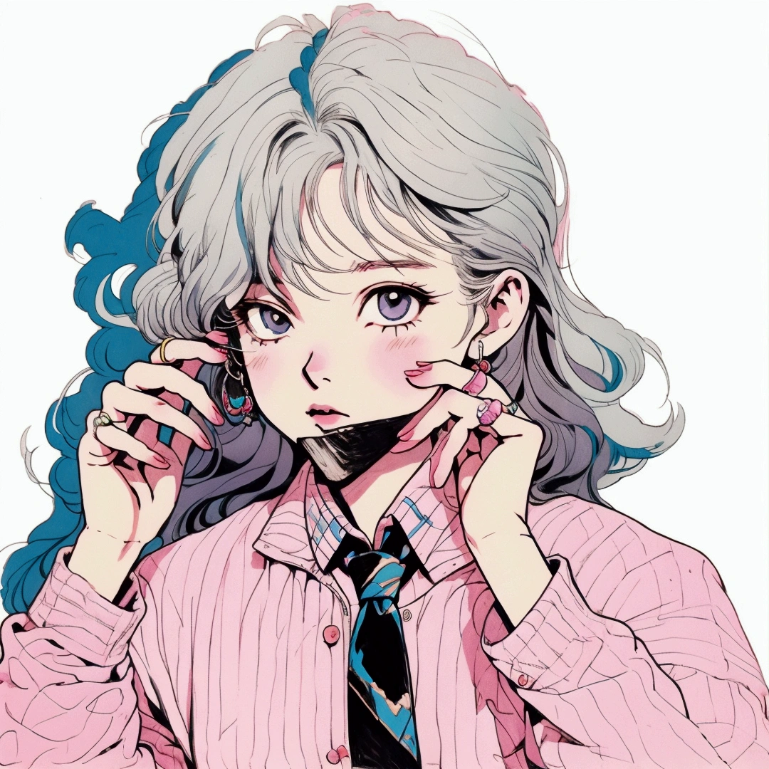 There is a painting,Drawing of a woman wearing glasses and a tie,Androgynous 2D anime style, Character Art Style, Inspired by Ib Eisner, Silver-haired girl, Danganronpa Nanami Chiaki, 80s anime art style, High-quality anime art style, cyber school girl, anime style character, Hint from yayoi kasuma