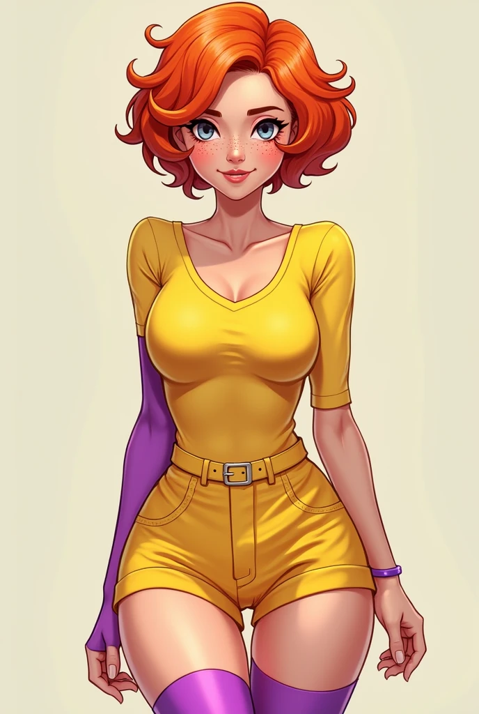Masterpiece, high quality, happy, 1girl, orange hair, short hair, curly hair, freckles, helmet, bodysuit, yellow shirt, short sleeves, long sleeves, belt, yellow small shorts, purple thighhighs, sexy body, gorgeous body, beautiful, beautiful legs, solo