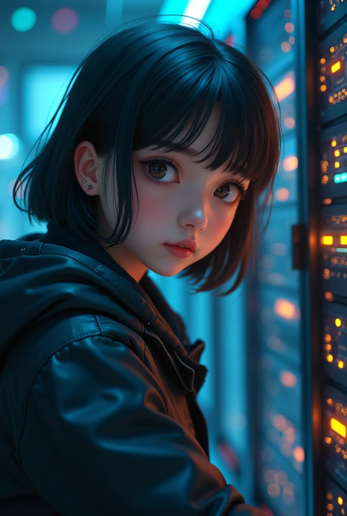 (whole body:1) Young girl, Smart Casual, Hacker&#39;s Server Room, Detailed face, ((Cool look)), (Short, straight, thin bangs:1.2), Super detailed photos, (Realistic), (Intricate details:1),(masterpiece :1), (Highest quality:1), 超High resolution, (Detailed eyes), (Detailed faceの特徴), High resolution, 8k resolution, (Lens flare:0.5), Light from afar, (smile, joy) 