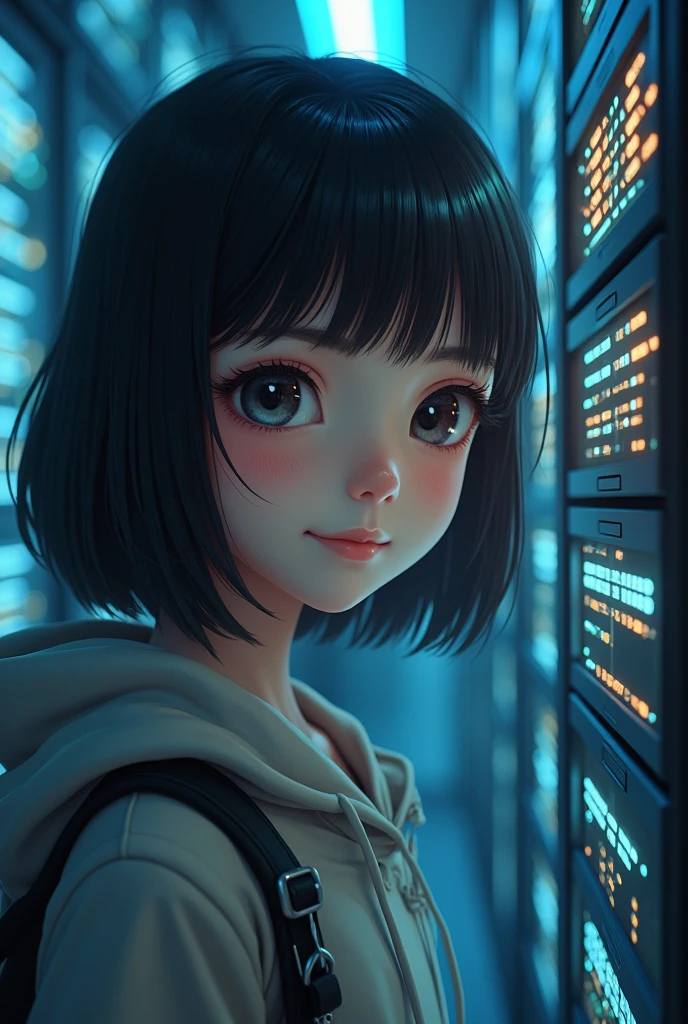 (whole body:ung girl, Smart Casual, Hacker's Server Room, Detailed face, ((Cool look)), (Short, straight, thin bangs:1.2), Super detailed photos, (Realistic), (Intricate details:1),(masterpiece :1), (Highest quality:1), 超High resolution, (Detailed eyes), (Detailed faceの特徴), High resolution, 8k resolution, (Lens flare:0.5), Light from afar, (smile, joy)