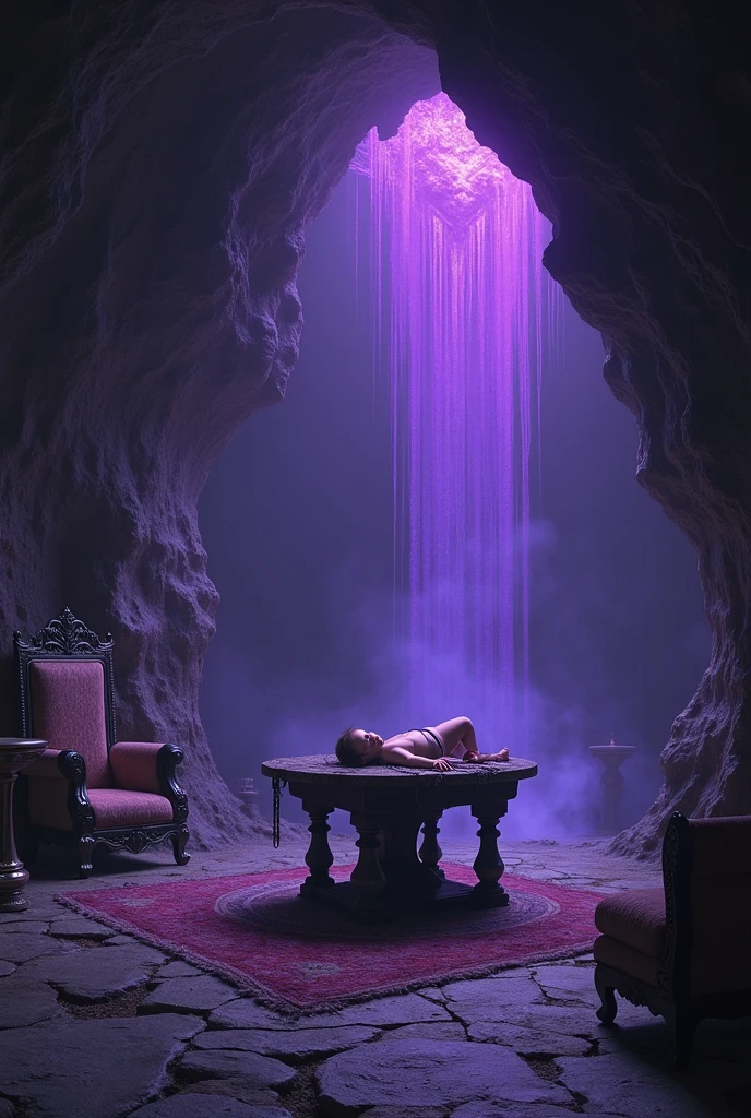 Une grotte avec des lueur violette un hotel avec un enfants nain attacher sur cette table de sacrifice 