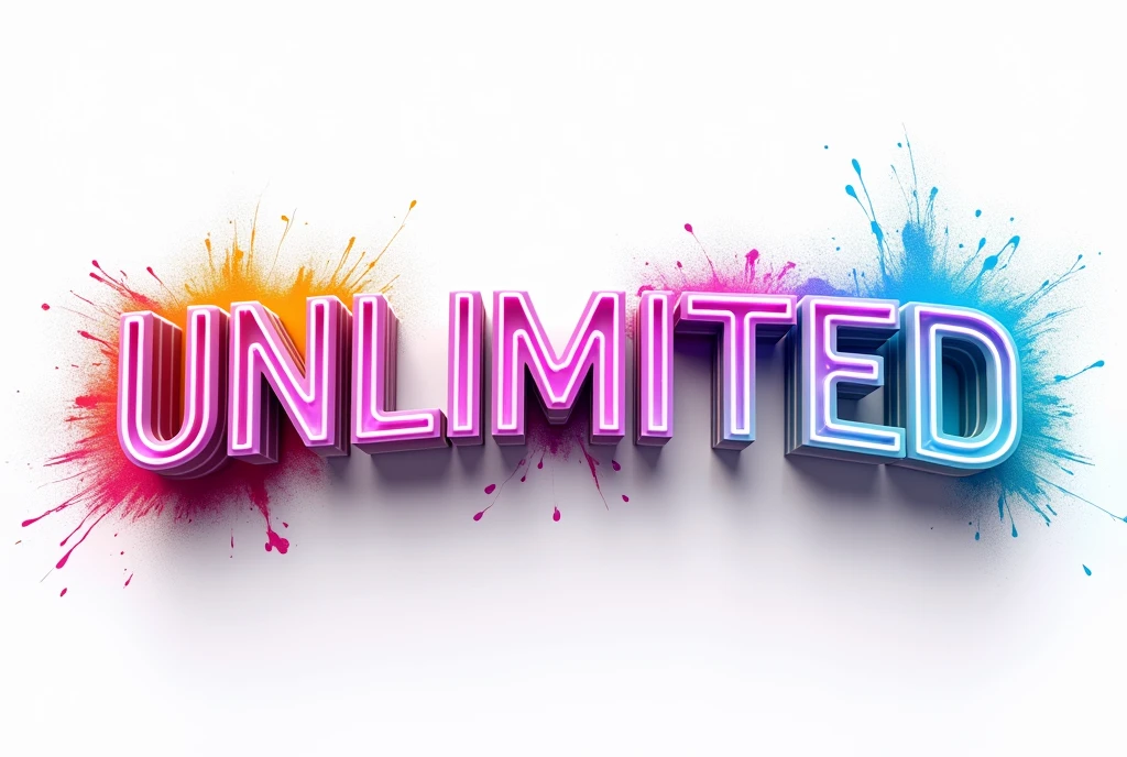 3d bold inscription "UNLIMITED" capital letters, 3d effect on white background, colorful and effective, neon splash over sign, prohnutý do symetrického oblouku
