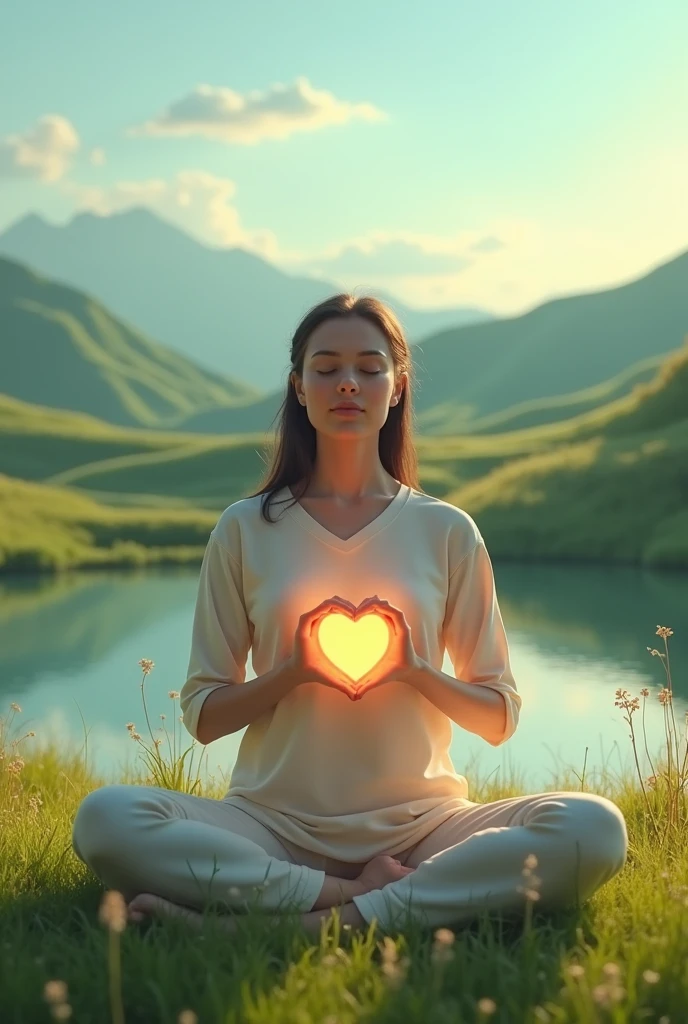 Can you generate an image of a person in a heart pose with their eyes closed, holding a heart in their hand, surrounded by a serene landscape?
