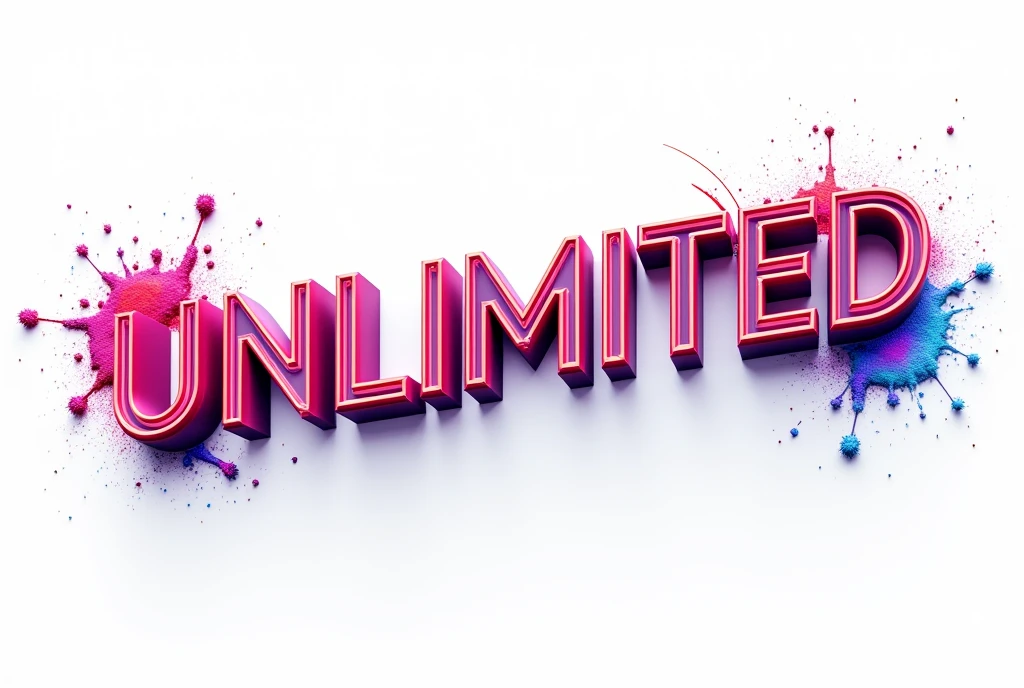 3d inscription "unlimited" capital letters, 3d effect on white background, colorful and effective, neon splash over sign