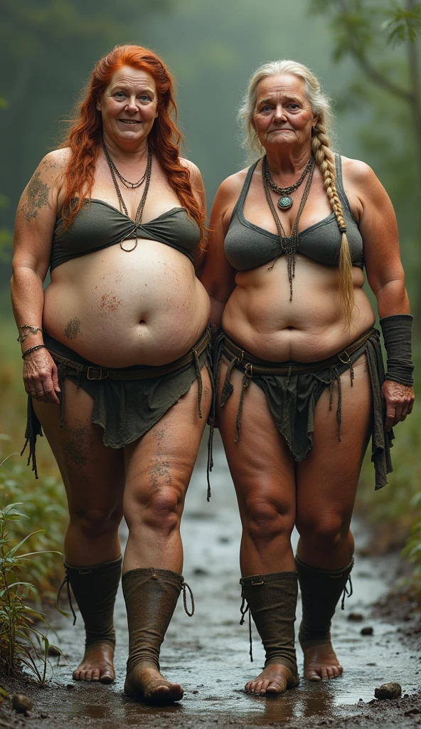 Realistic Full body picture of a chubby 80-year-old viking woman, barefoot, 1.90m tall, fair skin, large sagging , muscular toned body, striking beautiful face with large green eyes, cracked lips, staring intensely, thick red hair in single braid, dirty covered in mud with scrapes and bruises, wearing tight viking bikini that is too small for her body, viking accessories, walks barefoot, 30-year-old slender yet muscular viking woman, barefoot, fair skin, long blonde hair in neat braid, dirty with scrapes and bruises, wearing tight viking bikini that is too small for her body, viking accessories, beautiful face with sorrow and shame, large green eyes and full lips, gazing at camera with, both women walk barefoot, high quality photography, excellent detail and clarity
