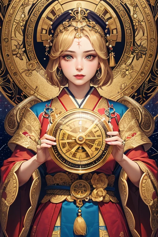 Realistic, (masterpiece, Highest quality, Highest quality, Official Art, beautifully、aesthetic: 1.2), Very detailed, Fractal Art, colorful, Most detailed, Leo, (Abstract background: 1.5), (One girl: 1.3), (Cat Class), Yellow Hair, Bright Eyes, Serious, Combed back, short hair, milky way, huge magical gold Leo astrolabe, dream, Fantasy, Gold border,beautifully詳細な空, Style and Decoration for Leo, Leo女神, (Browsing Caution:0.8), Delicate reflectivity and high glass guardrail board, Tentacles, Covered in scars, Alluring, Oiran Style