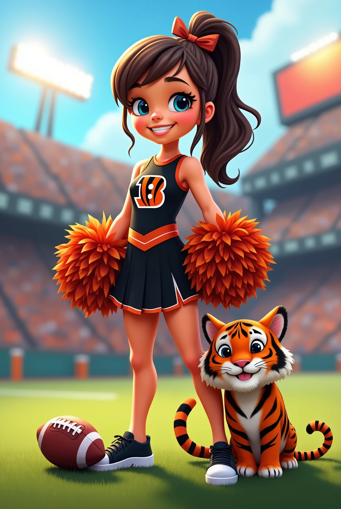 Bengals cheerleader tween
Chunky body
Brown hair, medium length in ponytail, bangs,
blue eyes
football field stadium
Black & orange one piece outfit with Bengals logo black shoes
No socks
hair bow
With tiger hugging
Smiling
Football on ground
Pompom on ground