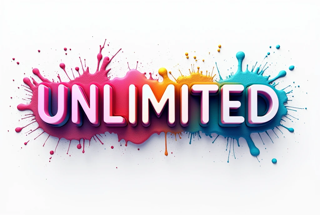 3d bold inscription "unlimited" capital letters, 3d effect on white background, colorful and effective, neon splash over sign