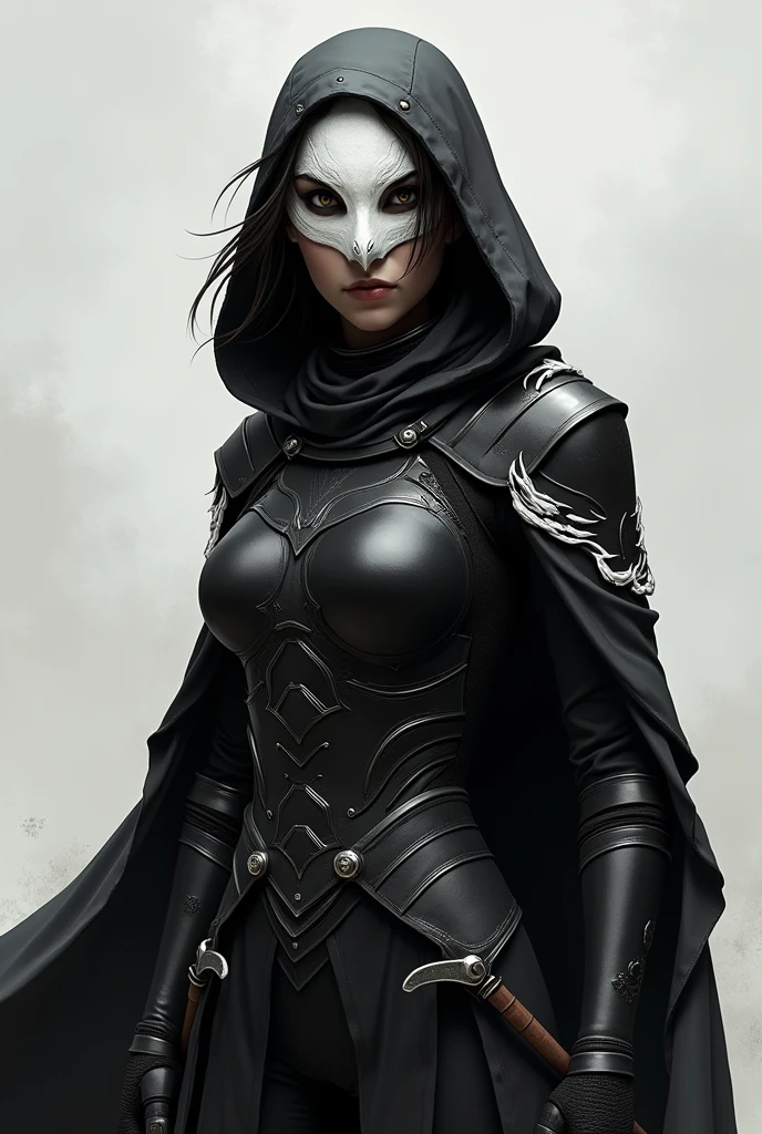 Girl with short black hair with a white owl mask wearing black armor with a cape and hood on the cape has a drawing of a white tiger the woman carries two curved swords at her waist