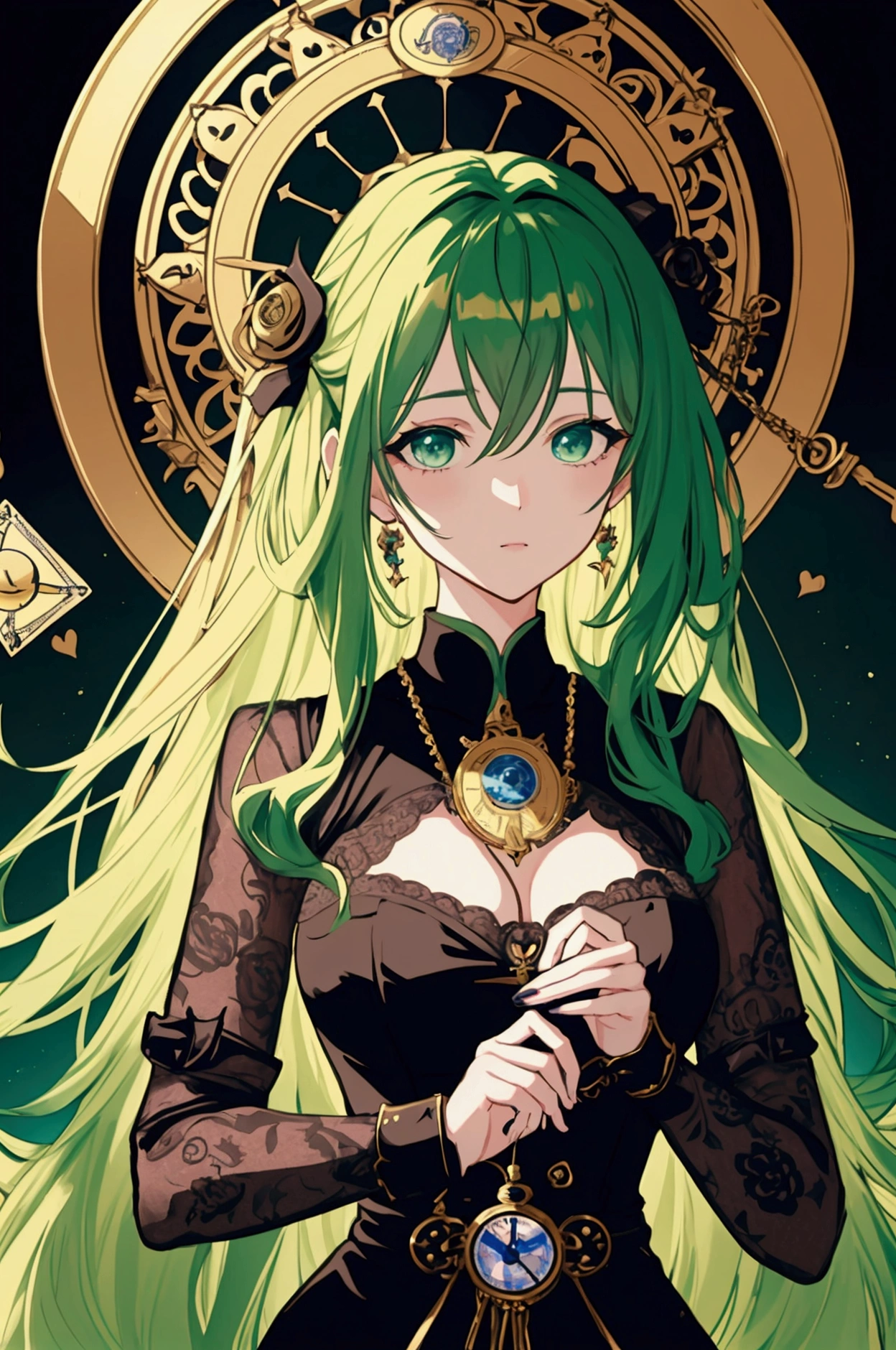 masterpiece, best quality, 1girl, highres, absurdres, maxres, hd, Waifu trading card back design, green-haired girl, black blindfold, holding pocket watch and tarot cards, question mark in background, kind and gentle expression, fantasy anime style, intricate details, vibrant color, abstract elements, floral accents, clockwork theme, flowing hair, detailed outfit, dynamic composition, high contrast, sharp lines, soft lighting, elegant accessories, mystical aura, heart gems