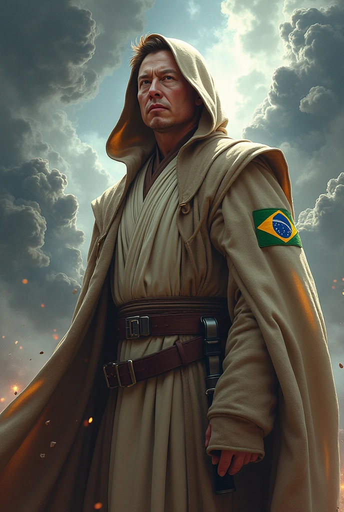Image with Elon Musk's Star Wars Obi outfit with a Brazil patch raising Voldemort in a battle as Magneto
