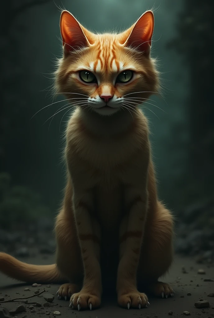 A mysterious evil ginger cat ,sunken eyes ,domed head,tall and thin ,dusty coat,brows lined and uncombed wiskers