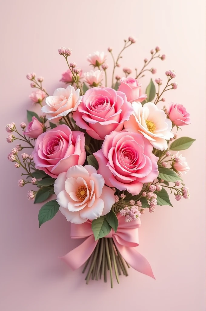 bouquette of pink roses and other spring flowers and a small light pink bow holding them