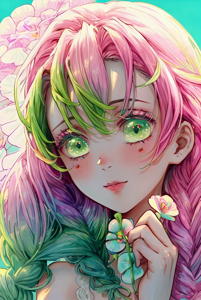 Convert your flower art into a hand-drawn illustration.、Create backgrounds with vibrant colors and unique touches The type of flower is statice、Gypsophila、sweet pea、Mix in some lace flowers, portrait, face portrait, big breasts, cleavage, pink hair, green eyes, (green highlights), green braids,