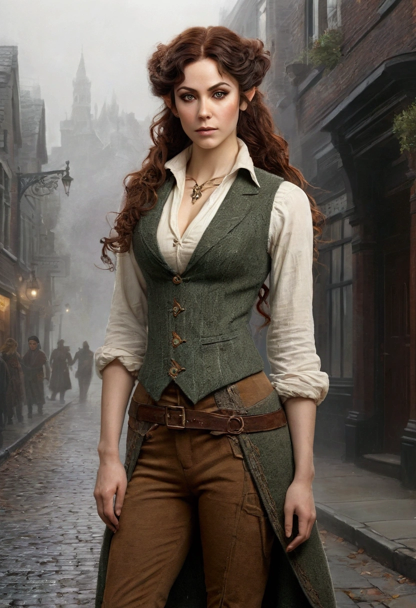 an elven maiden, wearing a tweed vest and patched trousers, athletic hourglass figure, busty bosom, long pointy elf ears, amber eyes, dark hair, long messy curls, warm almond skintone, freckles, elven ears, standing on a foggy Victorian-era street corner, concept art, illustrated poster, graphite shading, stencil marks, airbrushed acrylic paint, masterpiece