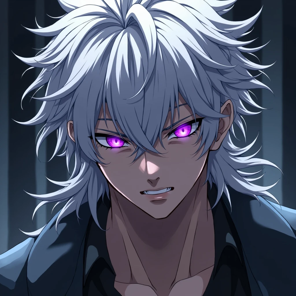 Male, anime, long messy white hair, hot, purple eyes
