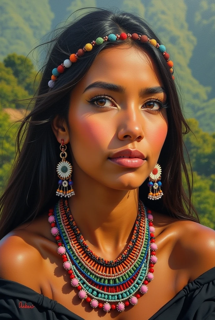 Oil painting of a beautiful indigenous Colombian woman with a handmade necklace of colorful beads and traditional makeup