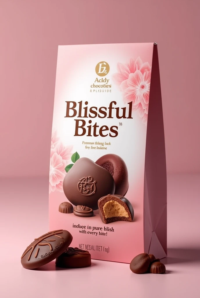 A chocolate pack named blissful bites with tag line "Indulge in Pure Bliss with Every Bite!" in pink and white colour blend