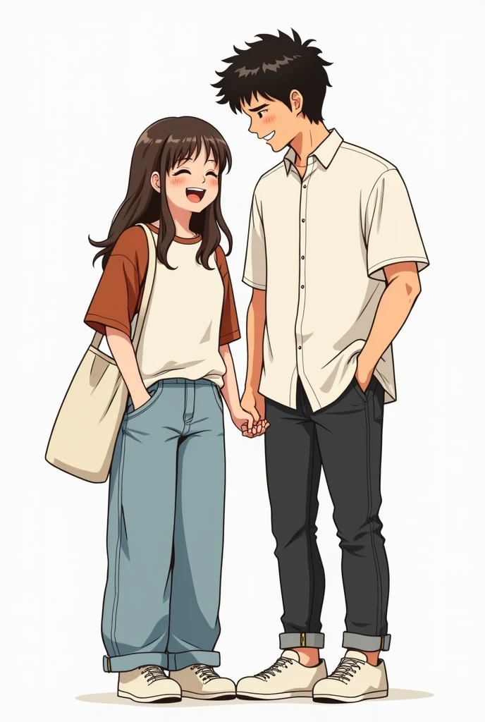 Two chibi manga couples, the girl is shorter than the guy. The girl has an off white oversized T-shirt on with brick brown half sleeves and light blue baggy jeans. The girl is also carrying one white tote bag on her shoulder. The guy has worn black faded jeans with a full sleeved white button up shirt with the sleeves folded and the guy’s hair is black and curly and the girl’s hair is long, brown and straight. Both are wearing WHITE shoes. They’re are standing close to each other and laughing