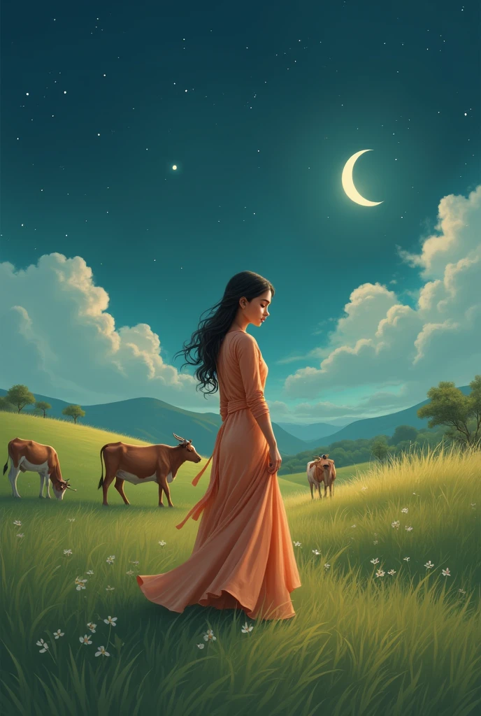simple villege girl jo beautiful romantic , normal background grass ,cows,moon, stars and girl wear salwar suit