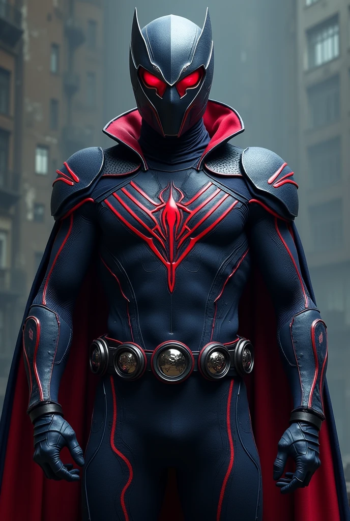 Nightwatcher to superbohater, whose appearance reflects both its mysteriousness, as well as strength. His costume is an advanced technological masterpiece., combining spandex with nanomaterials, that provide protection and flexibility. The dominant color is dark gray., interspersed with deep red and navy blue accents, what makes him look dangerous, but stylish look. There is an emblem on the chest, being a combination of four animals, which symbolize his powers: spider, eel, snow leopard and owl. The emblem has a sharp, geometric design, which attracts attention and commands respect.
The Nightwatcher helmet is a masterpiece. Its visor resembles the eyes of an owl., giving him a wide field of vision and giving the helmet a distinctive look, predatory look. The upper part of the helmet hides synthetic, black hair, which are designed to mislead opponents as to his true appearance - in reality, his hair is curly. This fake hair, made of nanofibers, can serve as an additional protective layer, absorbing impacts and blocking blades.
The costume is covered with round emblems on the hands, elbows, shoulders and waist. These spots aren't just for decoration - Nightwatcher is able to shoot his biological thread not only from his wrists, but also from these points, which gives him an advantage in close combat and allows for surprise attacks. The whole costume combines elements of practicality, intimidation and advanced technology, making, that Nightwatcher stands out as a unique hero in a universe full of mysteries and threats.