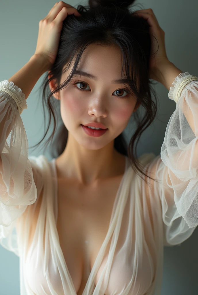 A white girl with her hands on her head,  charismatic smile , highlighting the large breasts in the almost transparent blouse
